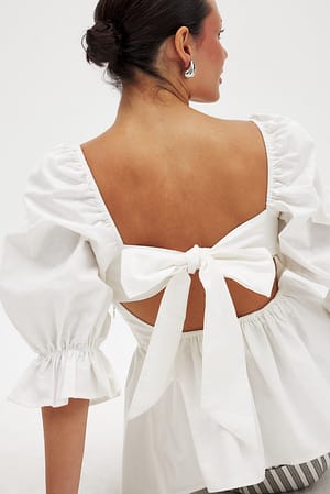 White Linen Blend Tie Back Blouse