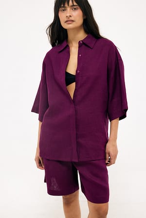 Fuchsia Pink Chemise en lin à manches courtes