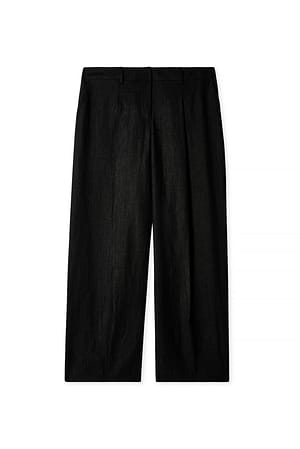 Black Tapered Linen Mid Waist Trousers
