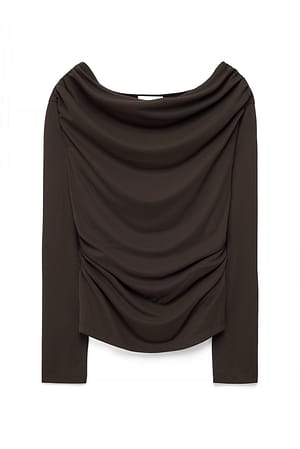 Brown Long Sleeve Draped Jersey Top