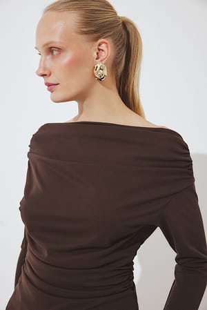 Brown Long Sleeve Draped Jersey Top