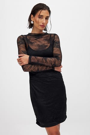 Black Minivestido de encaje de manga larga