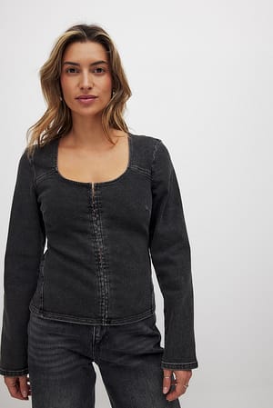 Grey Långärmad åtsittande topp i denim