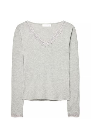 Grey Melange Topp i jersey med lange ermer og blondedetaljer