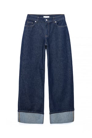 Dark Blue Loose Fit Fold Detail Jeans
