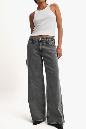 Grey Jeans med vide ben, sømdetaljer og lavt liv