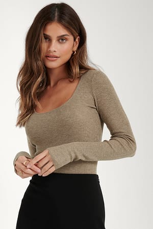 Brown Deep Neck Knitted Sweater