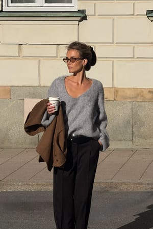 Light Grey Jersey de punto de mezcla de alpaca oversize con escote redondo