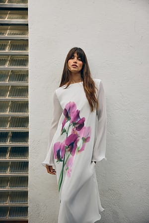 Flower Pink Pattern Maxi-jurk met plissé en lange mouwen