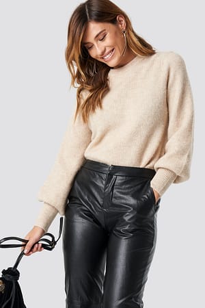 Beige Alpaca Wool Blend Balloon Sleeve Sweater