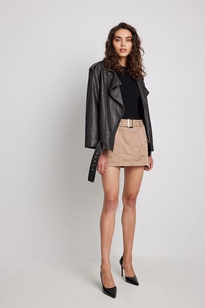 Beige Belted Utility Low Waist Mini Skirt