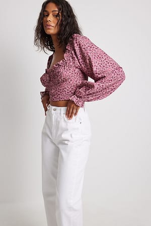 Mauve Floral Kort bluse med print og lange ærmer