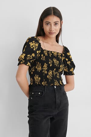 Black Flower Print Kurzes Kittel-Top