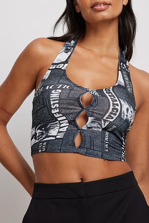 Black/White Print Singlet med halterneck og udskæring