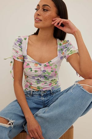 Flower Print Drawstring Detail Short Sleeve Top