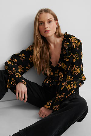 Orange flower Frill Drawstring  Blouse