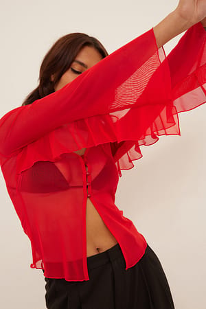 Red Rüschen-Netz-Strickjacke