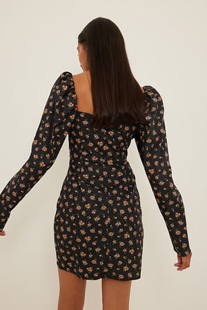 Flower Print Gathered Details Mini Dress