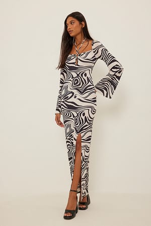 Black/White Halterneck Keyhole Maxi Dress