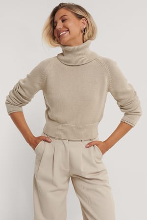 Light Beige Strickpullover Mit Hohem Ausschnitt