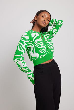 Green/White Jaquard Knitted Cropped Cardigan