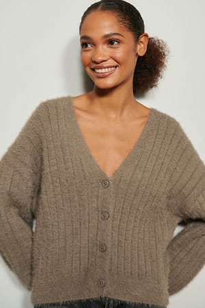 Light Brown Knitted Ribbed Fuzzy Cardigan