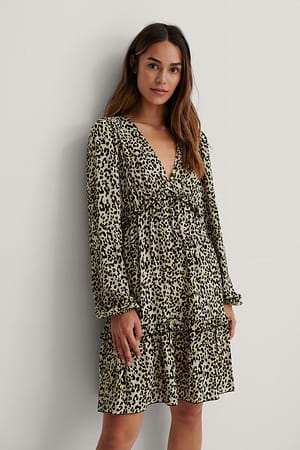 Leopard Vestido Fruncido De Manga Larga Y Escote En V