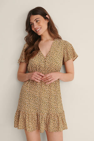 Yellow Mini Printed Buttoned Dress