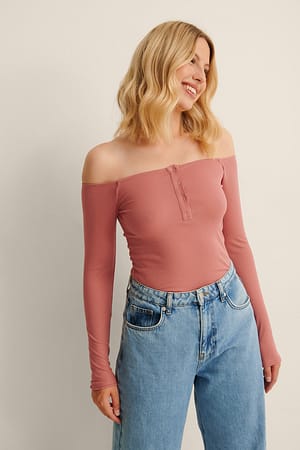 Dusty Pink Off Shoulder Button Top