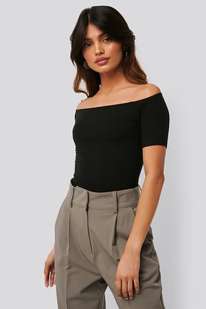 Black Off Shoulder Ribbed Top