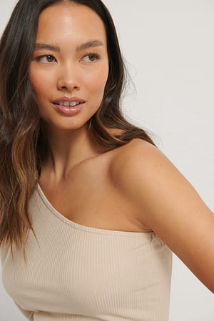 Beige One Shoulder Rib Top