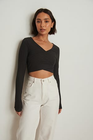 Black Overlap Front Detail Rib Top