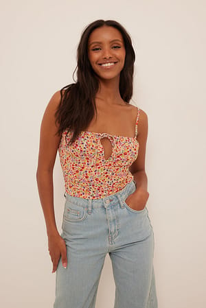 Red White Floral Printed Tie Front Top