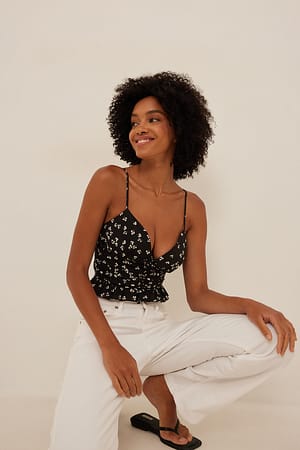 Navy Flower Printed V-neck Chiffon Top