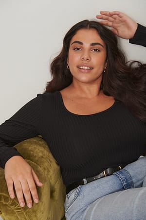 Black Recycled Deep Round Neck Rib Top