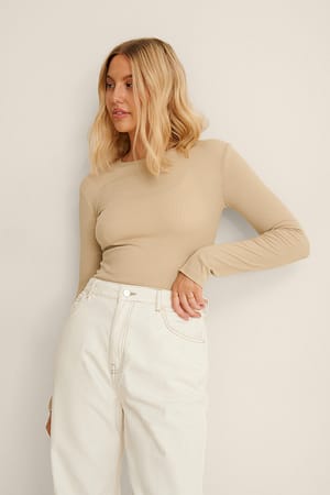 Beige Recycelt langärmlig geripptes Oberteil