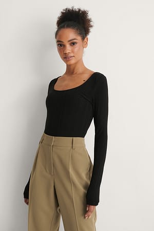 Black Scoop Neck Rib Top
