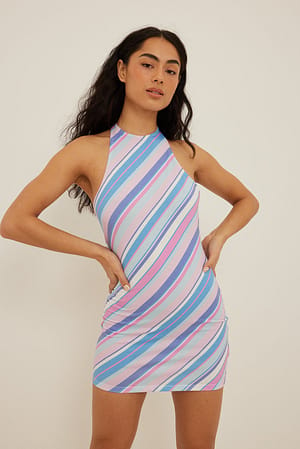 Multi Stripe Halternek-mini-jurk