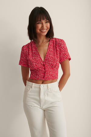 Red White Floral Recycled V-neck Short Sleeve Top