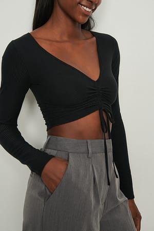 Black Rib Drawstring Top