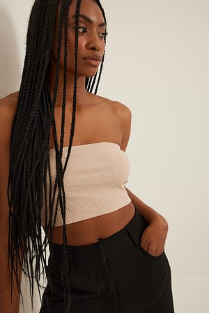 Beige Ribbed Cropped Tube Top