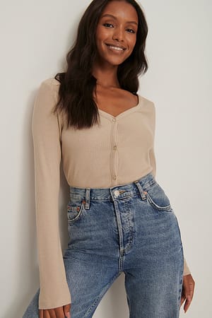 Beige Geribde vest met nauwsluitende pasvorm