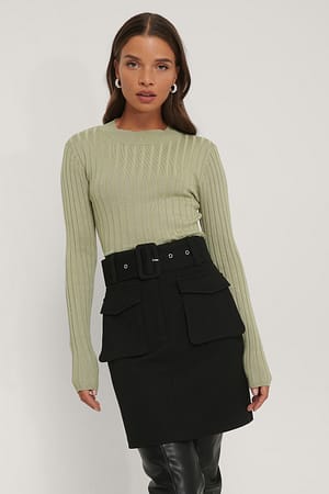 Light Khaki Ribbed High Neck Knitted Sweater