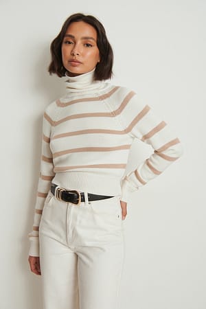 Beige/Cream Økologisk højhalset ribbet striktrøje