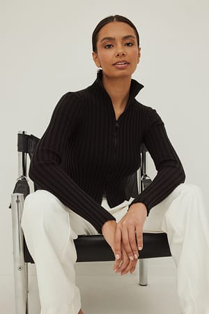 Black Ribbed High Neck Zipped Knitted Sweater