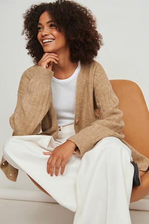 Beige Melange Cardigan largo de punto acanalado con escote en V
