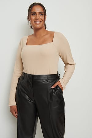 Beige Ribbed Square Neck Detail Top