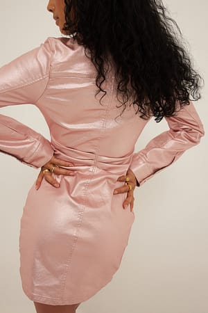 Pink Rouched Denim Metallic Mini Dress