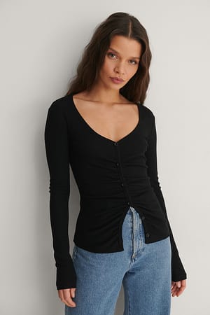Black Genanvendt rynket ribtop med knapper