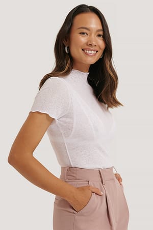 White Sheer High Neck Short Sleeve Top